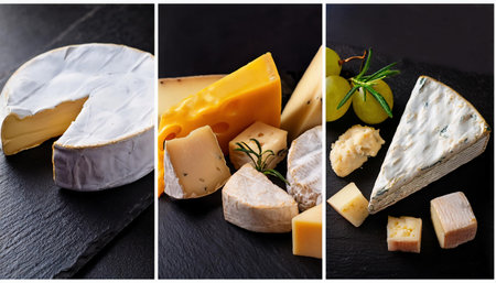 Cheese collection, various types of cheese on black slate plate.の素材