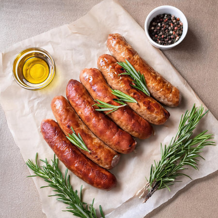 Grilled sausages with rosemary and spices on a light backgroundの素材