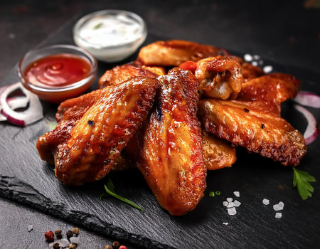 Baked chicken wings with sauce and spices on a black background.の素材