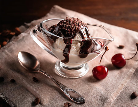 Chocolate ice cream with cherry in a glass bowl on a wooden backgroundの素材