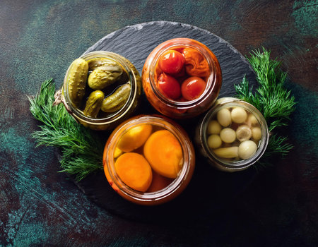 Pickled vegetables in glass jars on dark background. Top view.の素材