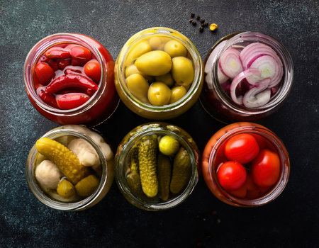 Variety of pickled vegetables in glass jars on dark background. Top viewの素材