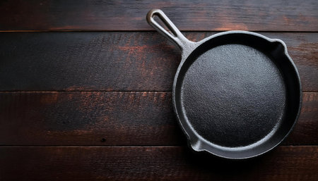 Empty cast-iron frying pan on dark wooden background, top viewの素材
