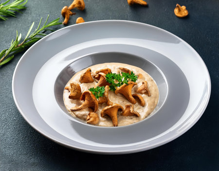 Mushroom chanterelle cream soup on a dark backgroundの素材