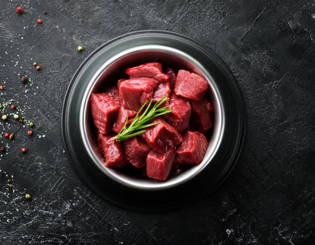 Raw beef meat cubes in bowl on black background. Top view.の素材