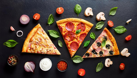 Slices of pizza with ingredients on black background, top viewの素材