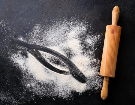 rolling pin and flour on a black background. tinting. selective focusの素材