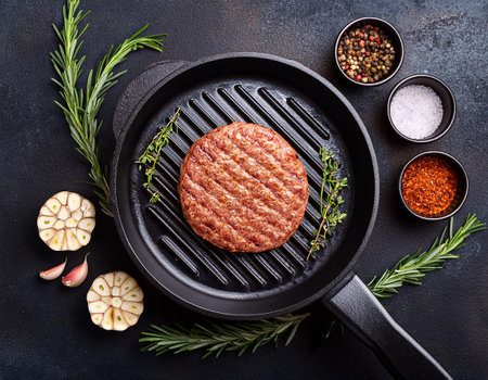 Grilled hamburger patty with herbs and spices in a panの素材