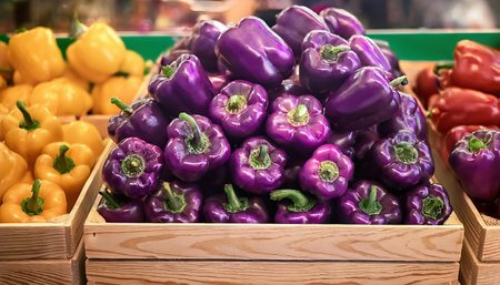 Colorful bell peppers in wooden box at the market. Selective focus.の素材