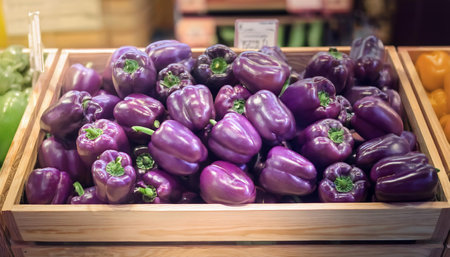 Purple bell peppers in a wooden box on the counter of a supermarketの素材