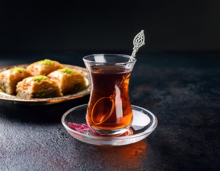 Traditional turkish dessert baklava with cashew, walnuts. Black background.の素材