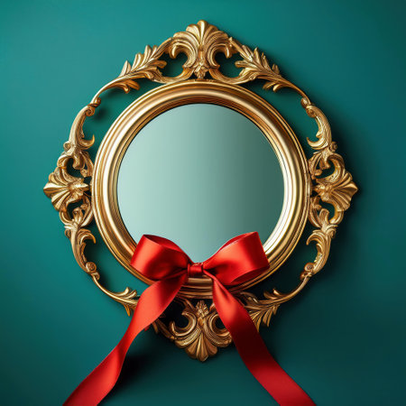 Vintage frame with red bow on green background. 3d renderingの素材