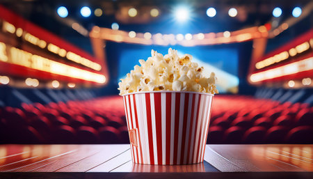 Popcorn in red striped box on wooden table in cinema auditoriumの素材