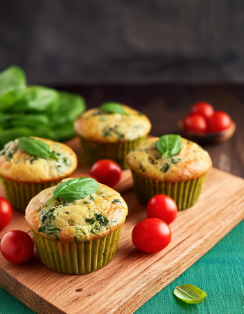 Muffins with spinach and cherry tomatoes on a wooden board.の素材