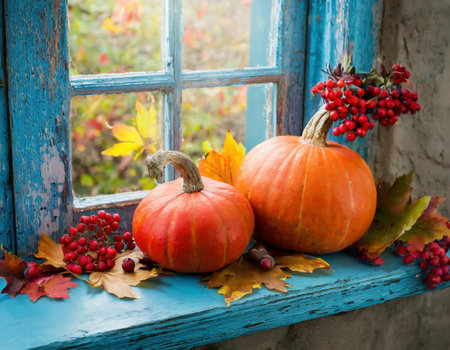 Autumn still life with pumpkins and rowan berries on windowsillの素材