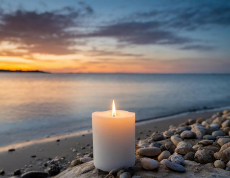 Burning candle on the beach at sunset. Selective focus.の素材