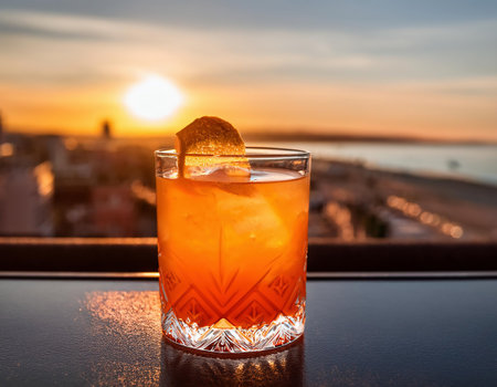 Tequila sunrise cocktail on a terrace with view to the seaの素材