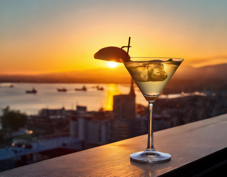 Cocktail on the terrace with view of the city at sunsetの素材
