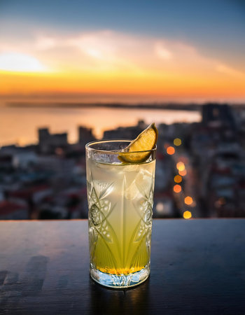 Cocktail with lemon on the background of the city at sunsetの素材