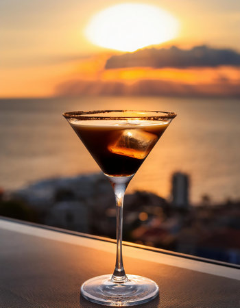 Cocktail on the background of the sunset and the sea.の素材