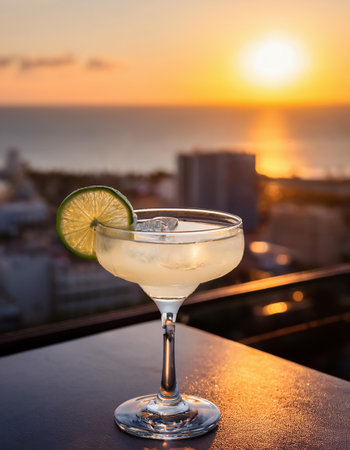 Classic Margarita cocktail garnished with a lime slice on a rooftop overlooking the cityの素材