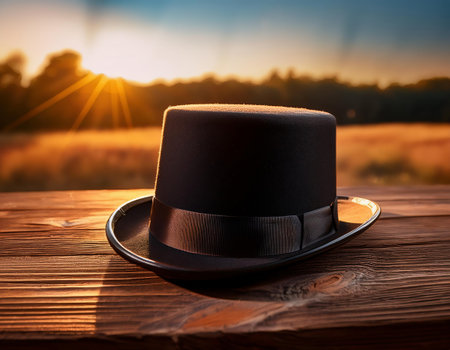 Top hat on a wooden table in front of a sunset background.の素材