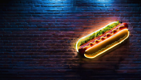 Hot dog in neon light on brick wall background. Fast food conceptの素材