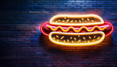 Hot dog neon sign on brick wall background. 3D Renderingの素材