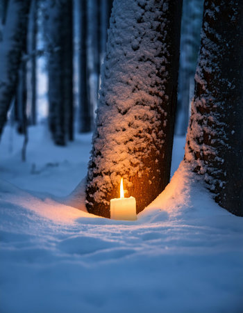 Candle in the snow in a pine forest at night. Winter landscape.の素材