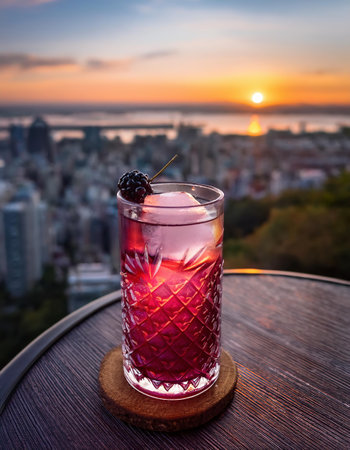 Alcoholic cocktail with blackberry and ice on the terrace overlooking the city.の素材