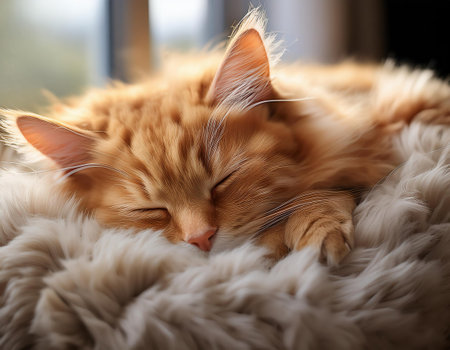 Cute ginger cat sleeping on soft blanket at home, closeupの素材