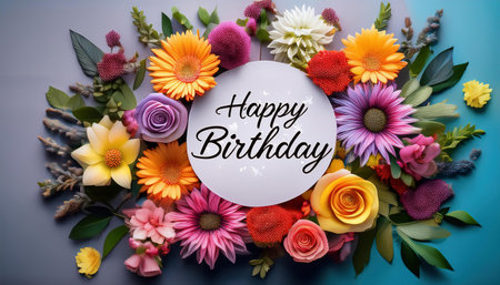 Happy Birthday Greeting Card with Flowers and Greeting Textの素材