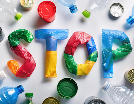 Word TOO made of plastic waste on white background, flat layの素材