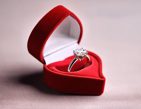 Wedding ring in a red box on a background of fabricの素材