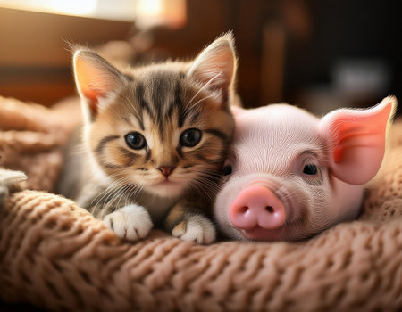 Cute little kitten and piglet on bed at home, closeupの素材