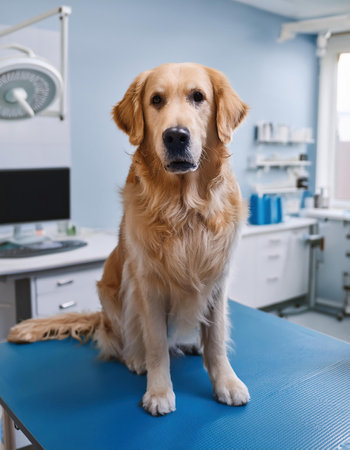 Portrait of golden retriever sitting on operating table at vet clinicの素材