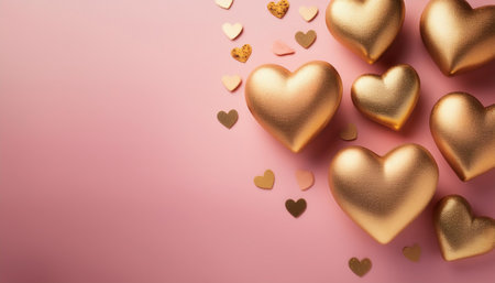Valentine's day background. Golden hearts on pink background.の素材