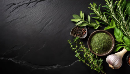 Fresh herbs and spices on black table, top view. Space for textの素材