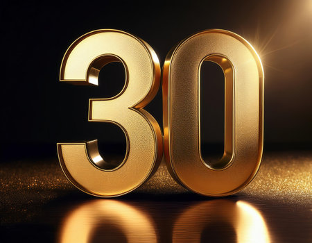Number 30 gold on black background. Anniversary celebration. 3D Renderの素材