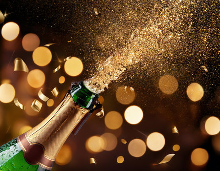 Bottle of champagne with golden bokeh background. Celebration concept.の素材
