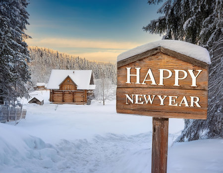 Happy New Year text on wooden signpost in winter forest. Christmas backgroundの素材