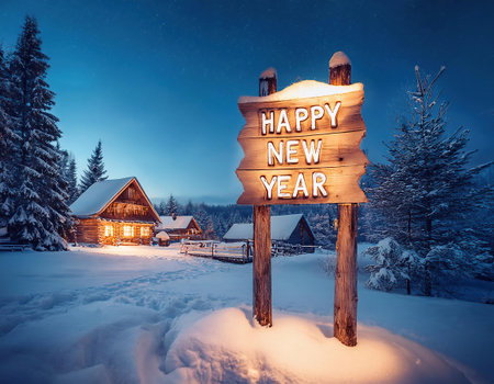 Wooden signboard with Happy New Year greetings in winter forestの素材