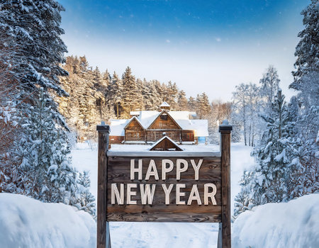 Happy New Year text on wooden sign in winter forest. Beautiful winter landscape.の素材