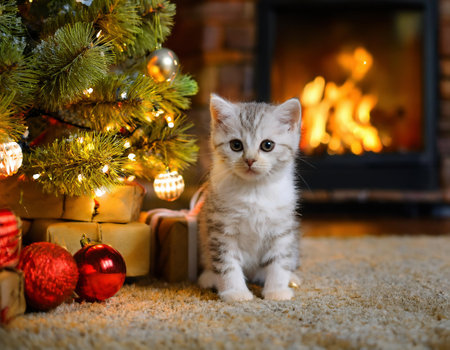 Cute little kitten near the Christmas tree on a background of fireplaceの素材