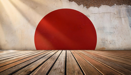 Japanese flag painted on the wall and wooden floor. 3d renderingの素材