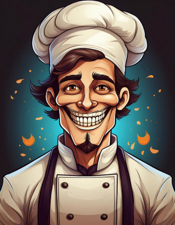 Vector illustration of a cartoon chef in white uniform and hat on a dark background.の素材