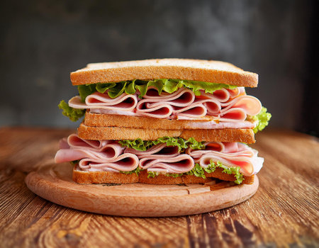 A big sandwich with ham and vegetables on wooden board on a dark backgroundの素材