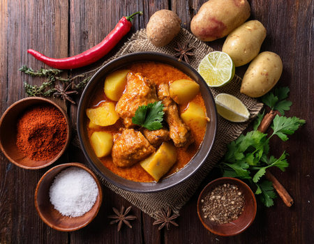 Chicken curry with potatoes and spices on a wooden table. Top viewの素材