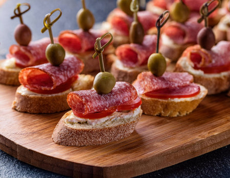 Canapes with salami, olives and cheese on wooden boardの素材