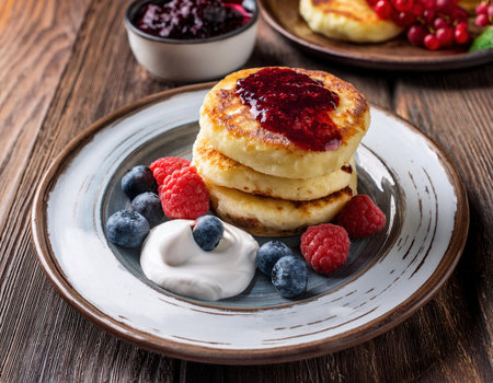 Cottage cheese pancakes with berries and sour cream on wooden background.の素材